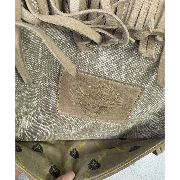 Ed Hardy Fringe Studded Purse Suede Leather Canvas Embroidered Boho Western - Picture 12 of 16